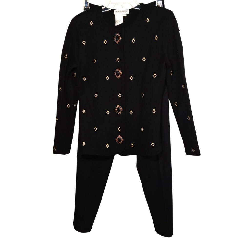 Vintage Outlander Embroidered Black Cardigan and Pants Set- M